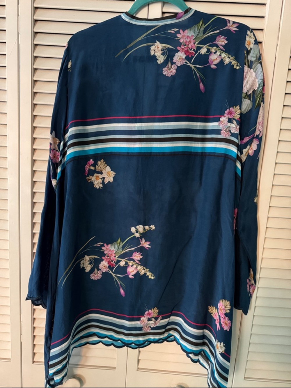 Johnny Was Navy Floral V-Neck Tunic with Pink & White Blooms - Picture 6 of 9